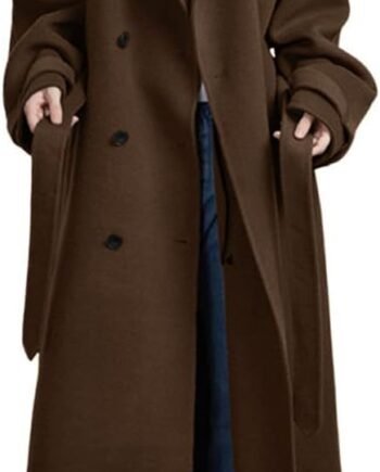 Women's Winter Double Breasted Wool Coat Long Sleeve Notch Lapel Midi Long Winter Trench Coat with Belt