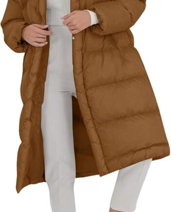 Women's Long Puffer Jacket Stand Collar Zip Baggy Down Coats with Side Pockets Outwear