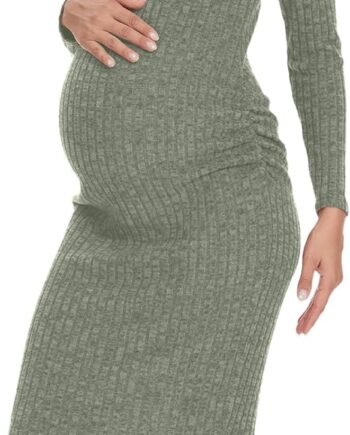 V Neck Side Ruch Knit Ribbed Maternity Bodycon Dress，Maternity Dress for Baby Shower