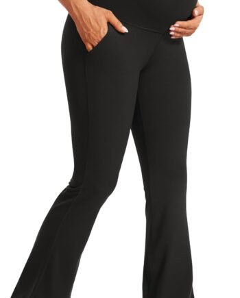 Women  Maternity Flare Leggings with Pockets 31" - Workout Active Yoga Pregnancy Pants Over The Belly Soft