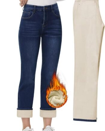 Women's Fleece Lined Jeans Women Straight Leg Jeans Winter High Waisted Fleece Lined Denim Pants