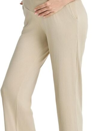 Womens Maternity High Waisted Lounge Pants Casual Stretchy Ribbed Palazzo Pants Pregnancy Trousers with Pockets