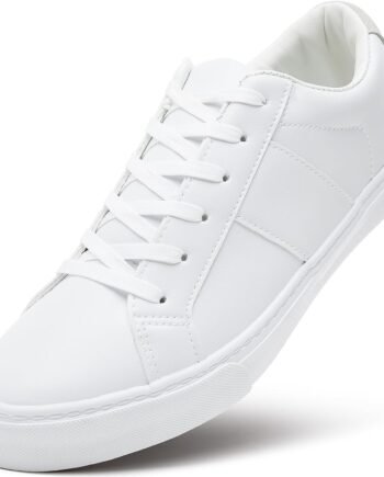 Men's Synthetic Leather White Sneakers,Low Top White Tennis Shoes,Lace up Casual Shoes
