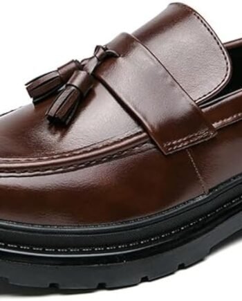 Men's Leather Tassel Platform Slip on Loafers Luxury Round Toe Lug Sole Non-Slip Dress Shoes Casual Low Block Heel Business Work Office Shoes