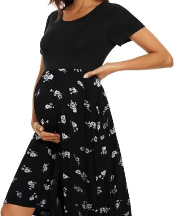 Women's Short Sleeve Maternity Dress Patchwork Pregnancy Clothes with Pockets