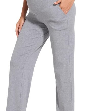 Womens Maternity High Waisted Lounge Pants Casual Stretchy Ribbed Palazzo Pants Pregnancy Trousers with Pockets