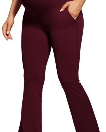 Women  Maternity Flare Leggings with Pockets 31" - Workout Active Yoga Pregnancy Pants Over The Belly Soft