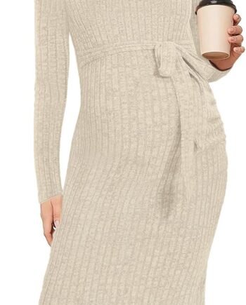Crewneck Maternity Dress Rib Knit Long Sleeve Photoshoot Baby Shower Dresses Slit Pregnancy Sweater Clothes with Belt