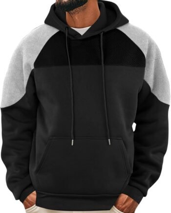 Mens Fleece Lined Hoodies Casual Colorblock Sherpa Lined Sweatshirt Winter Long Sleeve Hooded Pullovers with Pocket