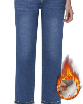 Women's Fleece Lined Jeans Women Straight Leg Winter Fleece Lined Pants High Waist Lined Jeans Heated Denim Pants