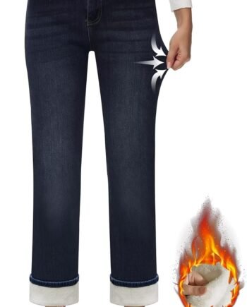 Women's Fleece Lined Jeans Women Straight Leg Winter Fleece Lined Pants High Waist Lined Jeans Heated Denim Pants
