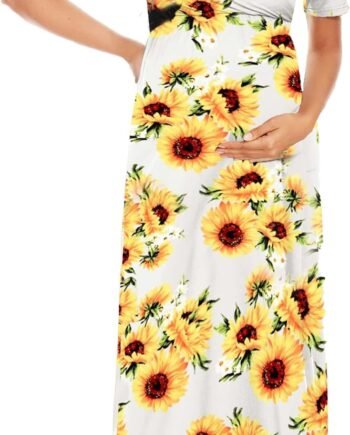 Maternity Maxi Dress with Flower Sash(S-3XL)/Wrapped Ruched V Neck Photoshoot Baby Shower Dresses