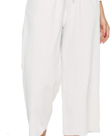 Womens Linen Pants High Waisted Wide Leg Drawstring Casual Loose Trousers with Pockets