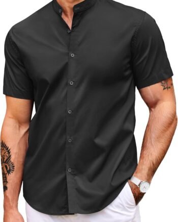 Muscle Fit Dress Shirts for Men Banded Collar Casual Button Down Shirts