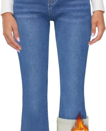 Women's Flare Fleece Lined Jeans Thermal Fleece High Waisted Bell Bottom Jeans Winter Warm Fleece Pants