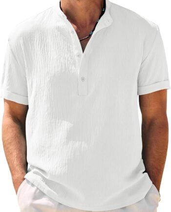 Men's Casual Henley Shirt Band Collar Short Sleeve Shirt Summer Beach Hippie Shirt