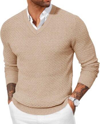Mens V Neck Pullover Sweater Waffle Knit Casual Textured Pullover Long Sleeve Slim Fit Fall Sweaters
