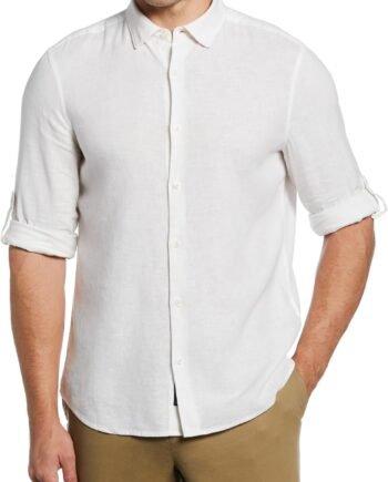 Men's Untucked Slim Fit Linen-Blend Rolled-Sleeve Shirt with Stand Collar and Striped Detail