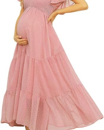 Swiss Dot Smocked Maternity Dress for Baby Shower Photoshoot Casual V Neck Ruffle Sleeve Empire Waist Tiered Boho Dress