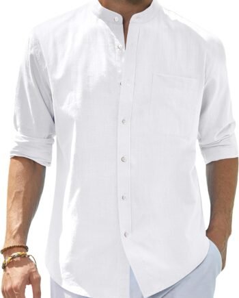 Men's Cotton Linen Long Sleeve Shirts Casual Button Down Banded Collar Shirt Beach Summer Tops with Pocket