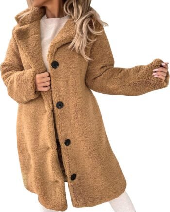 Womens Winter Coats  Fleece Overcoat Lapel Button Teddy Bear Jackets Warm Plush Mid Length Plus Size Outerwear