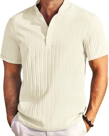 Men Casual Henley Tee Shirt Short Sleeve Band Collar Summer Beach Textured T-Shirt