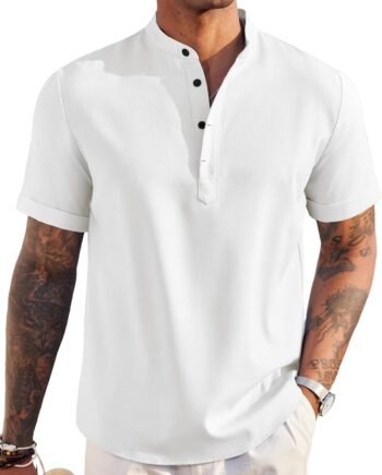 Men's Linen Henley Shirt Short Sleeve Casual Summer Beach Hippie T Shirts