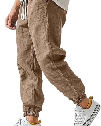 Cotton Linen Pants for Men Elastic Waist and Ankle Drawstring Baggy Style Lightweight Breathable Beach Pants