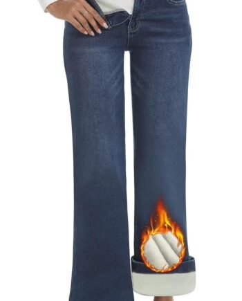 Fleece Lined Jeans Women High Waisted Stretchy Winter Jeans Warm Thermal Pants Thick Bell Bottom Wide Leg Jeans Woman