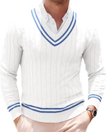 Mens V Neck Sweater Casual Cable Knit Slim Fit Pullover Long Sleeve Fall Winter Sweaters
