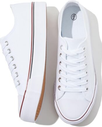 Womens White Canvas Sneakers Low Top Lace Up Canvas Shoes Fashion Comfortable