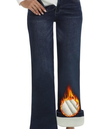 Fleece Lined Jeans Women High Waisted Stretchy Winter Jeans Warm Thermal Pants Thick Bell Bottom Wide Leg Jeans Woman