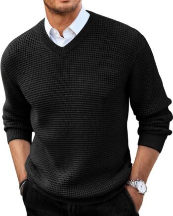 Mens V Neck Sweater Casual Waffle Knitted Pullover Slim Fit Fall Winter Basic Warm Sweaters