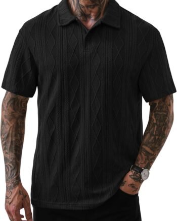Mens Textured Knit Polo Shirts Loose Fit Stretch Casual Summer Collared Shirt (S-XXL)