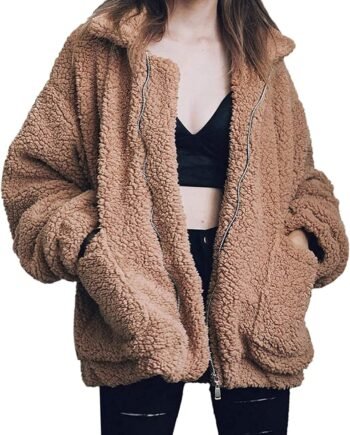 Women's Coat Casual Lapel Fleece Fuzzy Faux Shearling Zipper Coats Warm Winter Oversized Outwear Jackets