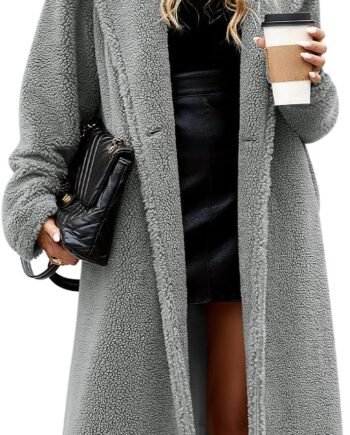 Women Winter Fuzzy Fleece Lapel Coats Long Cardigan Fluffy Hooded Jackets Faux Fur Warm Overcoats with Pockets Button