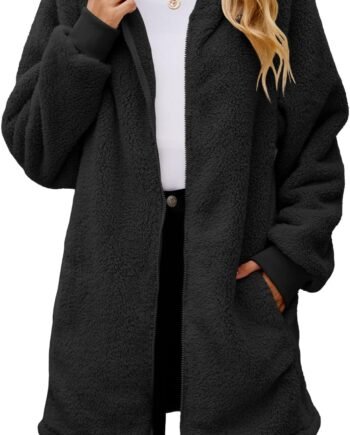 Womens Fleece Zip Up Jacket with Pockets Oversized Long  Hoodie Fuzzy Jackets Warm Teddy Coat