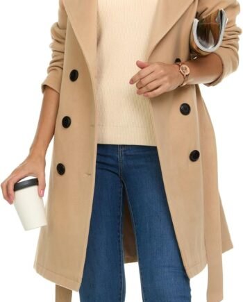 Trench Coat for Women – Double-Breasted Long Winter Faux Wool Coat