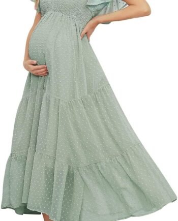 Swiss Dot Smocked Maternity Dress for Baby Shower Photoshoot Casual V Neck Ruffle Sleeve Empire Waist Tiered Boho Dress