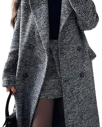 Women's Winter Casual Herringbone Wool Coat Double Breasted Notch Collar Dressy Long Trench Coat