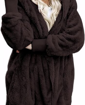 Women Hooded Cardigan Fuzzy Jacket Winter Open Front Fleece Coat Outwear with Pockets