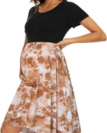 Women's Short Sleeve Maternity Dress Patchwork Pregnancy Clothes with Pockets