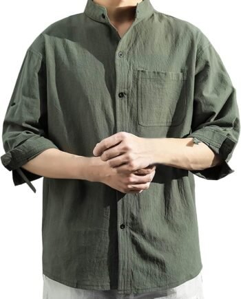 Mens Shirts,3/4 Sleeve Cotton Linen Shirts Japanese Style Casual Stand Collar Button Down T Shirts Pocket Tops