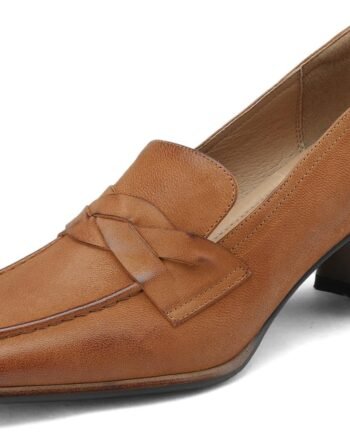 Women's Square Toe Pumps Shoes Genuine Leather Handmade Slip on Retro Loafers Shoes Block Mid Chunky Heels Basic Classic Office Shoes for Ladies