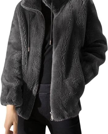 Women's Fashion Plush Coats Winter Warm Cardigan Coat Standing Collar Zip Up Fleece Tops Sweater Jacket