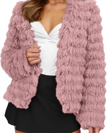 Womens Winter Coats Fashion Faux Fur Long Sleeve Fleece Shaggy Lightweight Fall Cropped Jacket Outerwear
