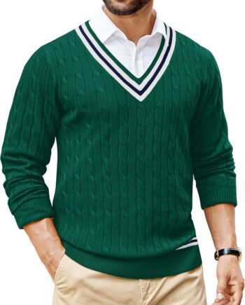 Mens V Neck Sweater Long Sleeve Cable Knit Sweater Fall Winter Pullover Slim Fit Stretchy Fabric Preppy Style