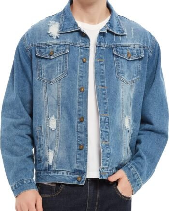 Men's Denim Trucker Jacket Distressed Ripped Motorcycle Slim Fit Blue Jean Jackets Coat