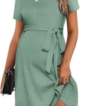 Women's Maternity Dress Short Sleeve Casual Pregnancy Dresses Rib Knit Crewneck Pregnant Clothes with Belt