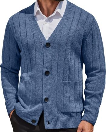 Men's Cardigan Sweater Cable Knit V Neck Button up Sweaters Ribbed Cardigan Sweater with Pockets